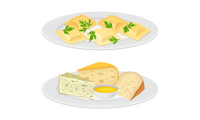 Italian cuisine dishes set. Ravioli and different types of cheese vector illustration