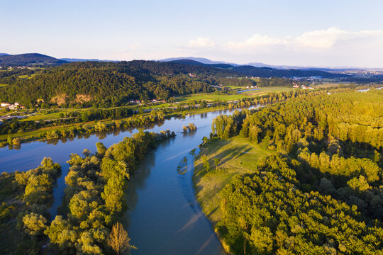 Isar estuary into Danube river near Deggenau, Lower Bavaria, Germany