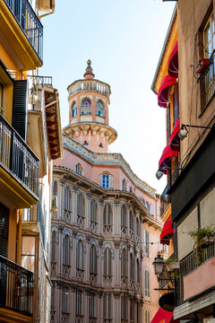 Spain, Mallorca, Palma de Mallorca, Pink exterior of Can Corbella building