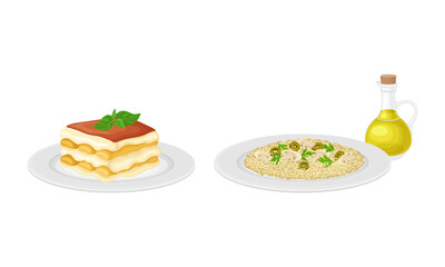 Italian traditional food set. Risotto and tiramisu tasty dishes vector illustration