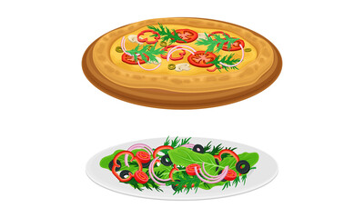 Italian traditional food set. Pizza and salad, tasty dishes on plates vector illustration