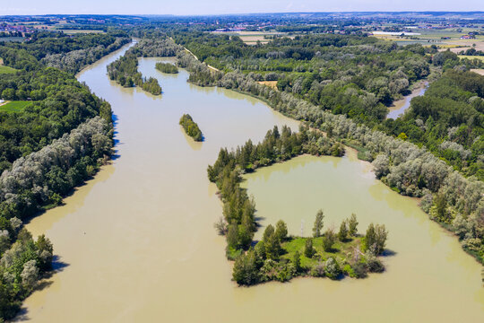 Aerial view of Isar river, Lower Bavaraia, Germany