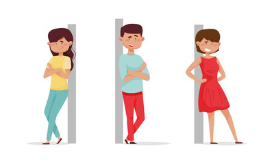Cheerful people leaned against the wall set. Relaxed young man and woman cartoon vector illustration