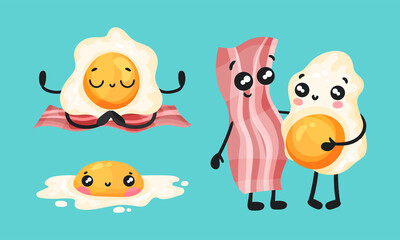 Best friends, ham and fried egg funny breakfast haracters set vector illustration