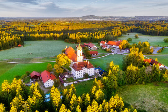Germany, Bavaria, Upper Bavaria, Pfaffenwinkel, Wies, Aerial view of Pilgrimage Church of Wies to the Scourged Savior