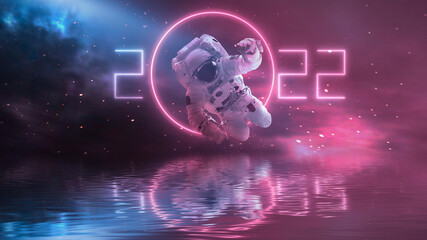 Space 2022. Futuristic space sci-fi abstract background with flying astronaut. Neon abstract space background with nebula and stars. Elements of this image furnished by NASA. 3D illustration. 