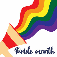 Megaphone or loudspeaker with lgbt rainbow during the celebration of the month of pride against violence, discrimination, human rights violations. Lgbt greeting card, square banner or poster.