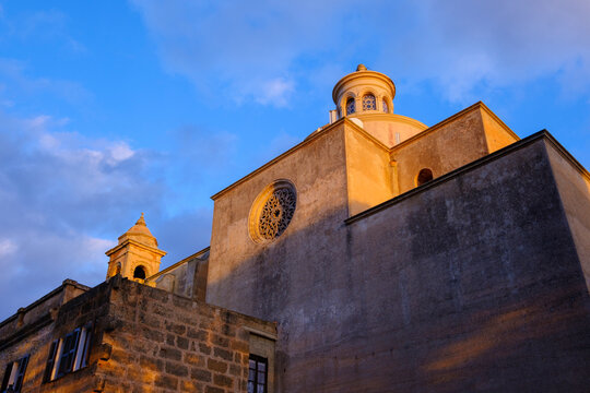Spain, Balearic Islands, Petra, Low angle view of Santuari De La Mare De Deu De Bonany at dusk