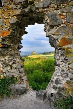 Germany, Baden-Wurttemberg, Hohenkrahen seen through damaged wall of Magdeberg Castle