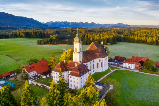Germany, Bavaria, Upper Bavaria, Pfaffenwinkel, Wies, Aerial view of Pilgrimage Church of Wies to the Scourged Savior