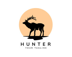 Obraz premium black silhouette stand deer elk sun background logo template illustration