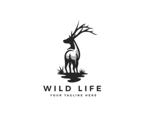 wild elk deer scare back view drawn art logo template illustration