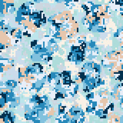 On the pixel background, consisting of five colors, there are pixel spots consisting of five other colors. Winter seamless camouflage.