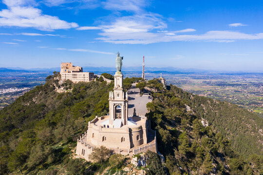 Spain, Balearic Islands, Felanitx, Drone view of Jesus Christ monument at Sanctuary of Sant Salvador