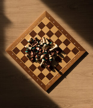 Chess pieces on chess board, top view