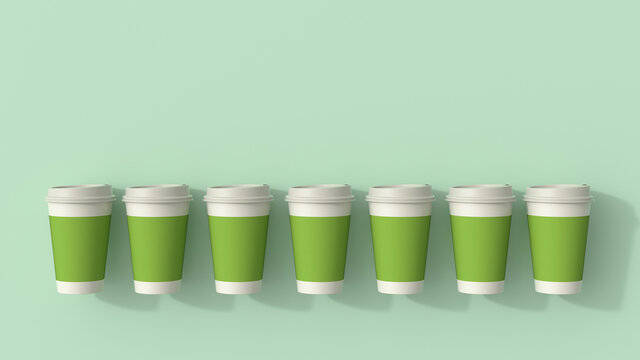 3D rendering, Row of green disposable coffee cups