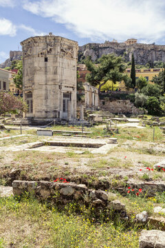 Greece, Athens, Roman Agora, Tower of the Winds with Acropolis in background