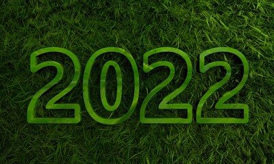 Green 2022 year number with 3d green grass