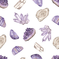 Watercolor seamless pattern with crown chakra healing crystals amethyst, choroite, rock crystal, agate