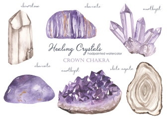 Watercolor set of crown chakra healing crystals amethyst, charoite, rhinestone, agate white - obrazy, fototapety, plakaty
