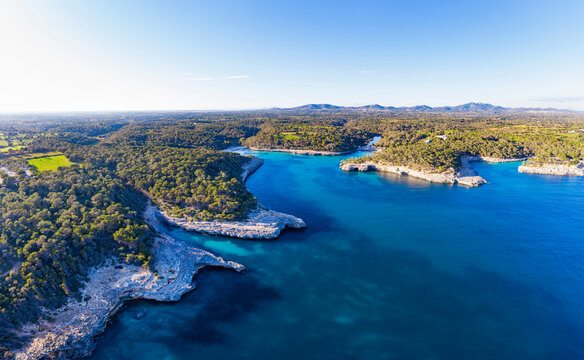 Spain, Balearic Islands, Santanyi, Aerial view of Cala Mondrago in Mondrago Natural Park