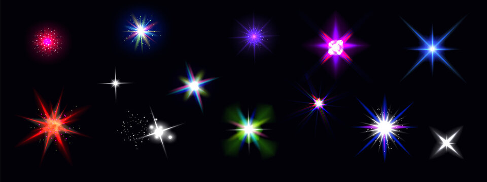 Color shine effects, flash lights with sparkles and glow rays isolated on black background. Vector realistic set of bright glare, white, red, blue and rainbow star flare with shiny beams and glitter