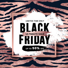Naklejka premium Black friday sale banner design with white grunge brushstroke on rose gold glitter tiger skin striped texture background. Vector social media pink template for flyer, discount, web, promotion, advert