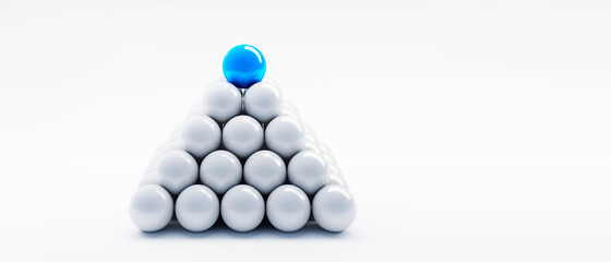 Pyramid stack of white and blue spheres on dark background - 3D illustration