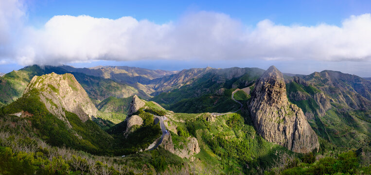 Spain, Province of Santa Cruz de Tenerife, Scenic panorama of Roque de Agando, Roque de Ojila and Roque de la Zarcita rock formations