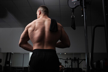Fototapeta na wymiar Portrait of a beautiful male athlete bodybuilder in gym, low key, darkness. Posing, coach. power, strength, abstraction background