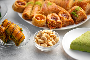 Turkish baklava dessert with honey, close up