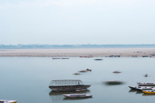 India, Uttar Pradesh, Varanasi, Boats in river Ganges
