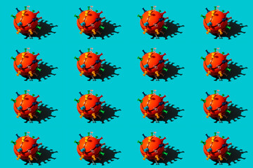 Pattern of thumbtacked basketballs resembling virus cells