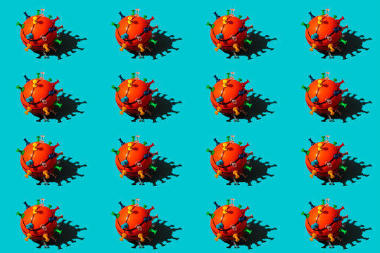 Pattern of thumbtacked basketballs resembling virus cells