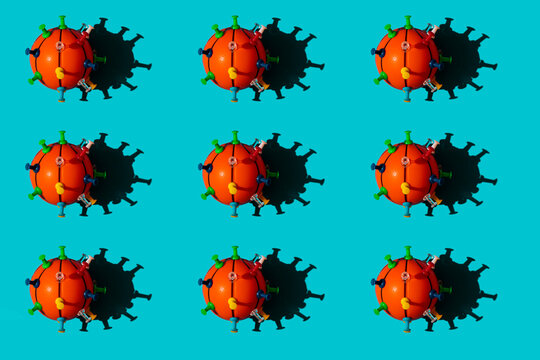 Pattern of thumbtacked basketballs resembling virus cells