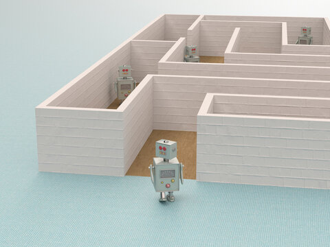3D rendering, Toy robot leaving a maze