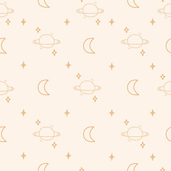 Seamless pattern with planets, stars and moon. Modern print for decor, backgrounds, fashion, wrapping paper, textiles, phone cases. Vector illustration.