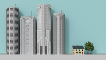 3D rendering, Residential house facing skyscrapers
