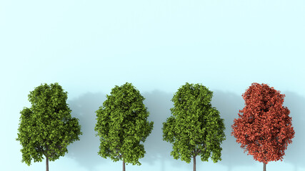 3D rendering, Row of green summer trees with one autunal tree