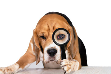 funny cute dog beagle looks attentively in a magnifying glass on a white background, detective 