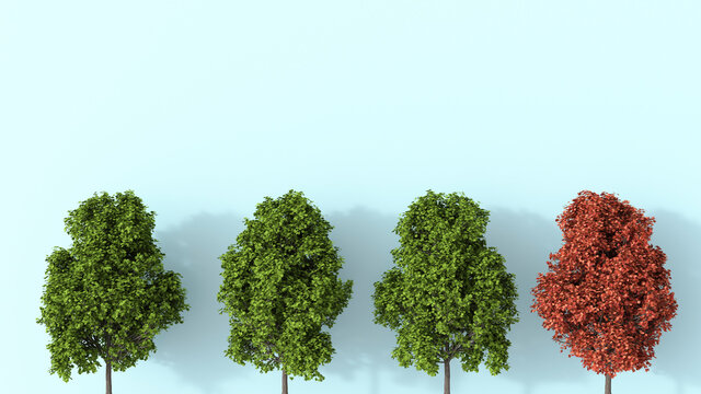 3D rendering, Row of green summer trees with one autunal tree