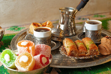 Turkish Coffee served with Turkish Delight on metal tray