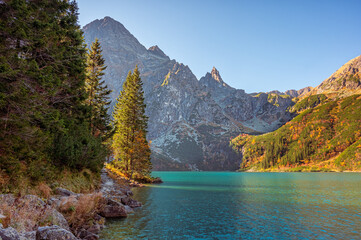 Tatra National Park, Poland. Mountains lake Morskie Oko Or Eye of the Sea In autumn. Beautiful Tatras Landscape.