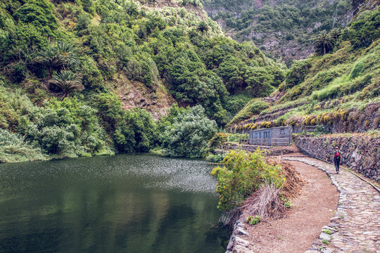 Spain, La Gomera, Hermigua, Man walking at Barranco el Cedro