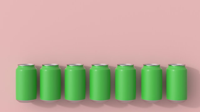 3D rendering, Green beverage cans on pink background