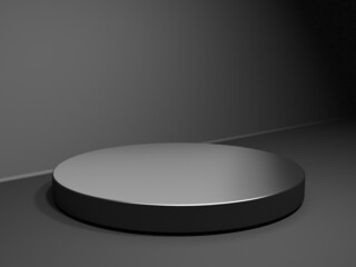 Black stand podium on dark background. Realistic dark platform