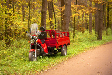 A bright electric cargo tricycle stands on an alley in an autumn park.