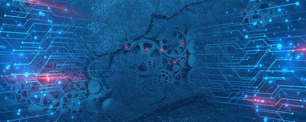  banner of old technology and new using computer circuits and old machine cogs