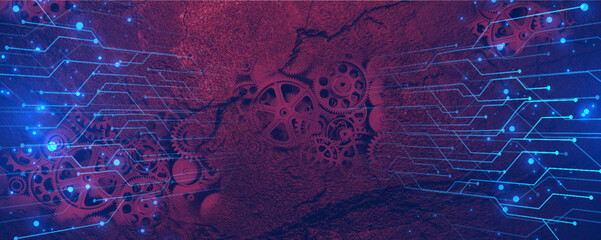  banner of old technology and new using computer circuits and old machine cogs