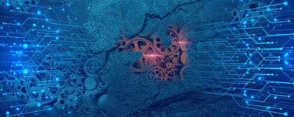  banner of old technology and new using computer circuits and old machine cogs